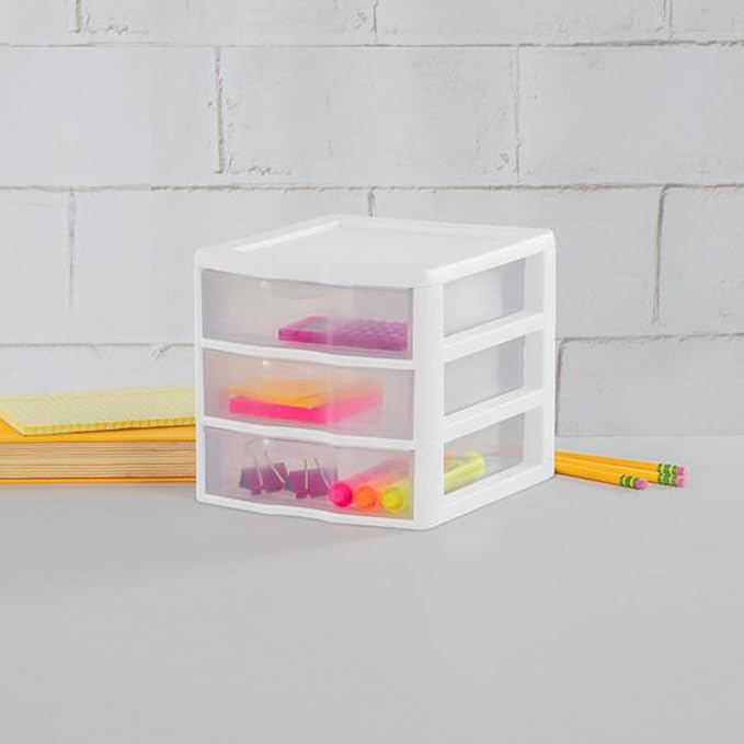 Sterilite Clearview Plastic Multipurpose Small 3 Drawer Desktop Storage Organization Unit for Home, Classrooms, or Office Spaces, White, 6 Pack
