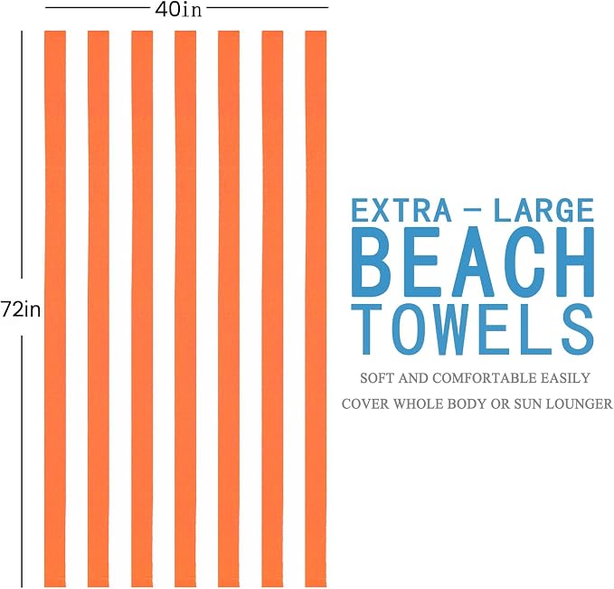 6 Packs Oversized Stripe Beach Towel Thin Terry Set with Towel Bands Extra Large XL Big Clearance Soft Super Swim Towels Pool Bath Travel Accessories Essentials Blanket Men Women Adults Gift Orange