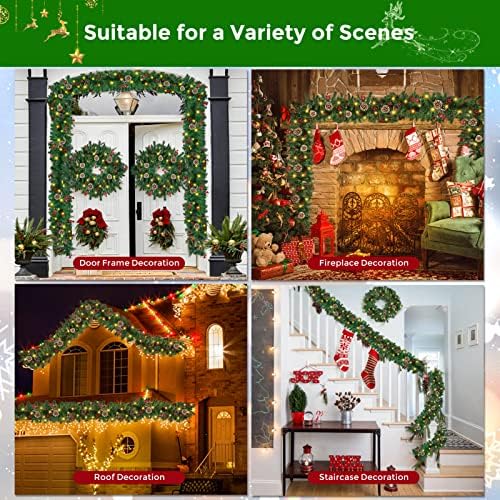 Christmas Garland, 12FT Prelit Christmas Garland with 100 LED Lights, Greenery Xmas Garland with 20 Pine Cones 90 Red Berry Christmas Decoration for Indoor Outdoor Home Mantel Fireplace