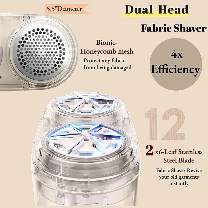 Rechargeable Portable Lint Remover & Fabric Shaver with 4 Replaceable Blades, Dual-Head Powerful Trim & Suction 3-Setting Control Large Capacity Container Extra Large Shaving Head Defuzzer for Clothes