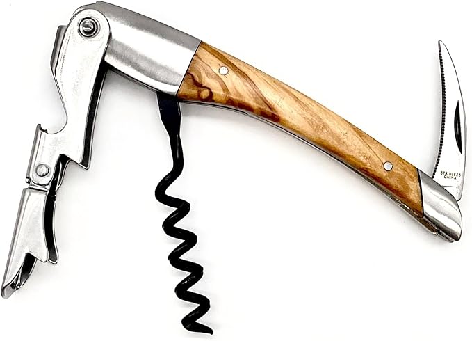 Olive Wood Wine Opener With Two Step Cork Pull Lever, Five Spiral Teflon Coated Worm and Serrated Knife, Beautiful Wood Grain and Quality Construction. The Superior Waiter's Corkscrew.
