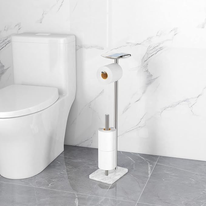 FEILERN Toilet Paper Holder Stand for Bathroom Floor Standing Toilet Roll Dispenser Storages 4 Reserve Rolls, with Top Storage Shelf for Cell Phones, Wipe, Wallet and More(Marble Brush Nickel)
