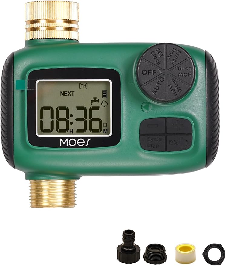 MOES Sprinkler Timer, Brass Inlet & Outlet Water Hose Timers, Programmable Automatic Irrigation Controller, Rain Delay, Manual Watering, 1 Zone Water Hose Timers for Gardens, Lawns, and Hose Systems