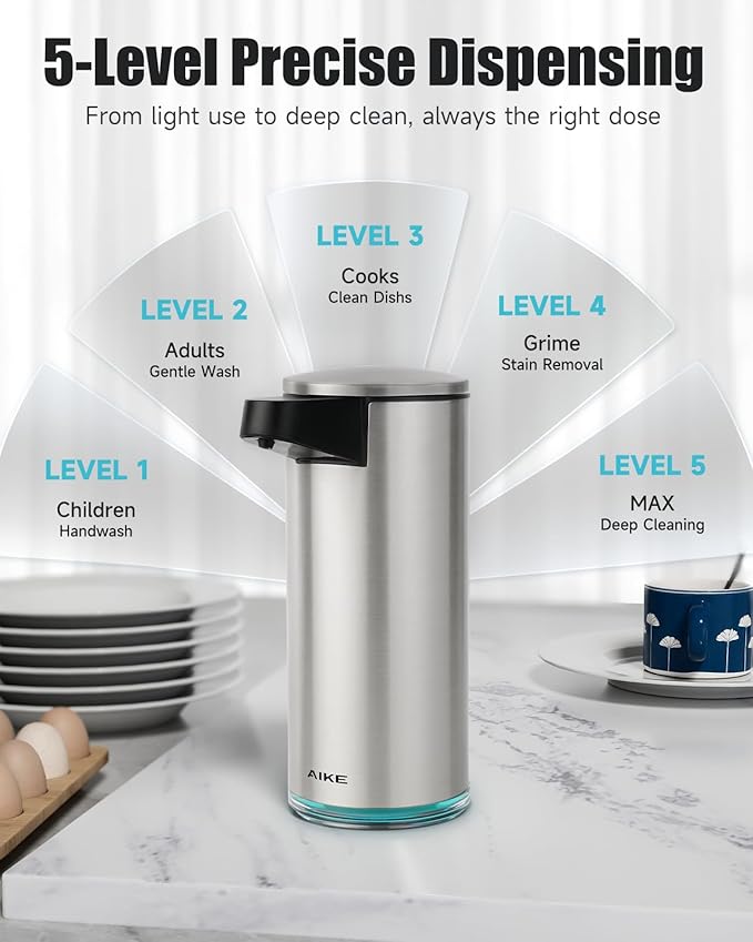 AIKE SensePro Automatic Soap Dispenser 12.8oz Spot Resist Stainless Finish | Type-C Charge with Months Long Standby Time, Adjustable 5 Levels Precise Dispense for Home Dish Soap and Hand Soap