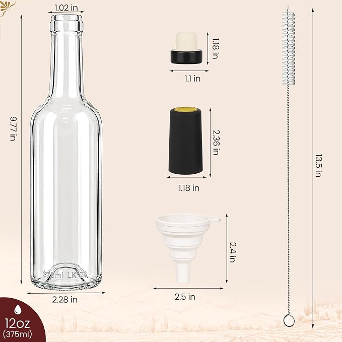 TBWIND 12 Pack 12oz Clear Glass Wine Bottles, 375ml Small Liquor Bottles with T-Top Corks & Shrink Capsules for Limoncello, Mead, Kombucha & Vanilla Extract, Includes Funnels & Brush
