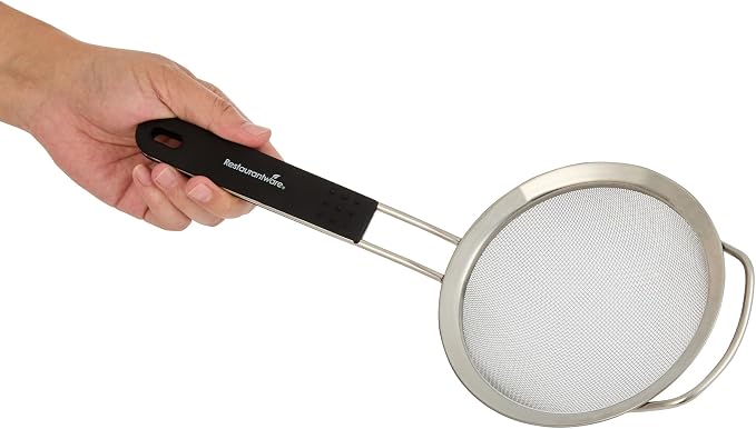 Restaurantware Fine Mesh Strainer 1 Count 12.6" x 5.5" x 2.3" with Silicone Handle Stainless Steel Extra Fine Mesh Strainer Heat-Resistant Handle Dishwasher-Safe for Rice, Quinoa, Pasta