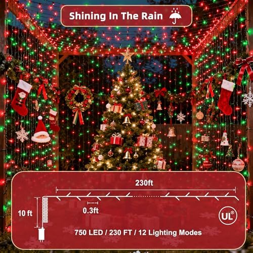 240ft Outdoor Christmas Lights, 750 LED Super Long String Lights 12 Modes & Timer Memory, Dimmable Outsite Waterproof Light Strings for Xmas Tree Garden Wedding Party Holiday Decorations Red & Green