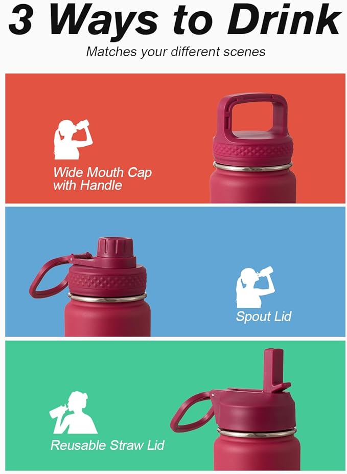 Coolflask Water Bottle 24 oz Insulated with Straw, Stainless Steel Metal 3 Lids Water Flask Wide Mouth for Sports or Office, Non-BPA Keep Cold Up to 48 Hrs or Hot Up to 24 Hrs, Ombre Wine/Navy
