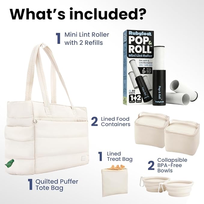Rubyloo Mini Lint Roller Bundle Travel Size Pet Hair Remover with Retractable Cover & Beige Puffer Tote Bag with Bowls Food Storage for Dog Mom Essentials Gift Set