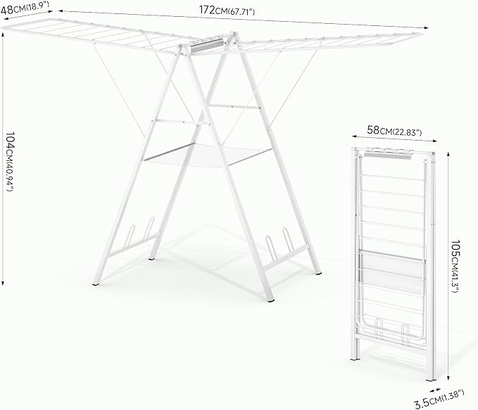6 Height Adjustable Clothes Drying Rack with Shoe Slots, White | Pre-Assembled, Stable Load Structure, 22 Drying Rails, Foldable Space-Saving For Efficient Indoor & Outdoor Airflow Drying