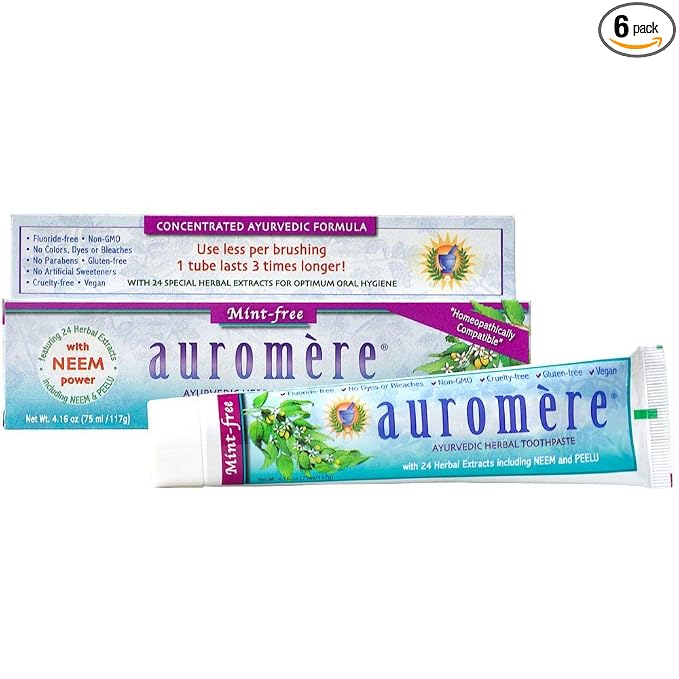 Auromere Ayurvedic Herbal Toothpaste, Mint Free - Vegan, Natural, Non GMO, Fluoride Free, Gluten Free, with Neem & Peelu (4.16 oz), 6 Pack