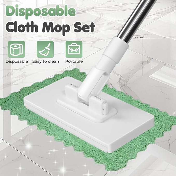 Hands Free Multi Purpose Flat Mop, 43'' Disposable Dust Mop with 10 Reusable Cloths, Multi Surface Cleaning Flat Dust Mop for Kitchen Wall Bathroom Toilet Corners (Mop+10cloths)