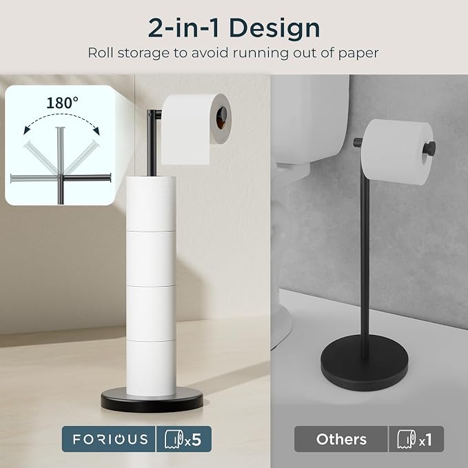 FORIOUS Toilet Paper Holder Stand Adjustable, Stainless Steel Freestanding Toilet Paper Holder with Storage, Bathroom Tissue Roll Stand Storage for 4 Rolls, Matte Black