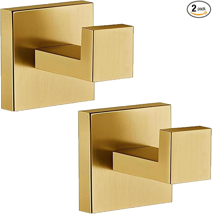 Towel Hooks for Bathrooms, Brushed Gold Towel Hook for Kitchen Bathroom, SUS304 Stainless Steel Coat Hook, Heavy Duty Towels Holder Hooks for Hanging，2 Packs
