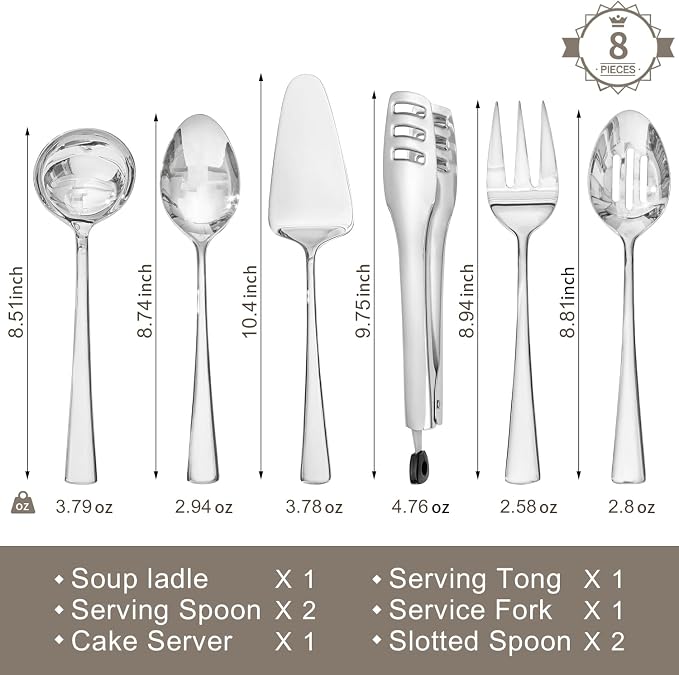 8 Piece 18/10 Serving Utensils Set, Stainless Steel Serving Set | Large Serving Utensils, Slotted Spoon, Serving Spoon, Fork, Tong, Soup Ladle, Cake Server for Buffet, Parties, Kitchen