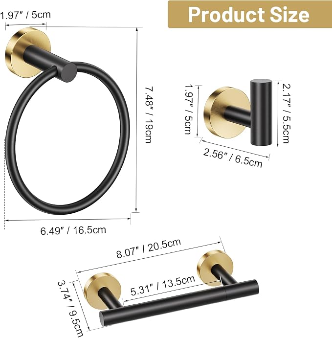 Black Gold Bathroom Hardware Set, 4-Piece Towel Holder Set Include Double Bases Toilet Paper Holder,Towel Ring and 2 Towel Hooks Stainless Steel Wall Mounted Bathroom Hardware Accessories Set