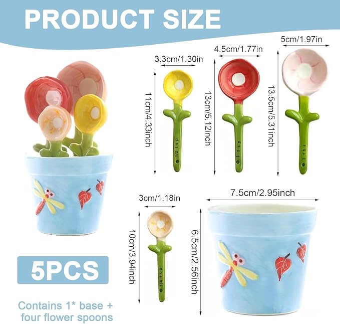 Ceramic Flower Measuring Spoon Set,Decorative FlowerPot Measuring Spoons and Cup Set in Pot, Flower Baking Scale Spoons with Base for Dry and Liquid Ingredient, 1/4 Tsp,1/2 Tsp,1Tsp,1Tbsp (2*Blue)