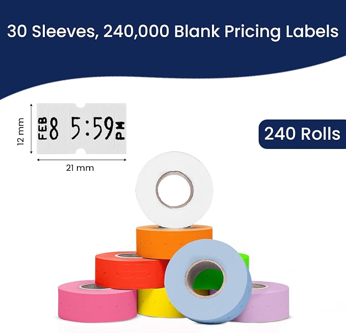 Perco 1 Line Multicolored Sleeve—240,000 Labels for Perco Lite, X, Plus & Pro Guns—Includes White, Yellow, Blue, Lavender & Fluorescent Colors (Red, Green,Pink, Orange)—240 Rolls, 30 Sleeves—USA Made