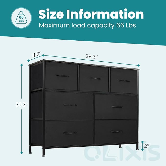 OLIXIS Dresser for Bedroom with 7 Fabric Drawers Storage Organizer Closet Chest Clothes Cabinet Vertical Dresser for Living Room Entryway Hallway,Black