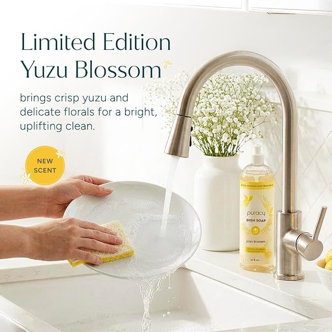 Puracy Natural Dish Soap - Skin-Softening Dishwashing Soap, Non-Toxic Dish Soap, Organic Liquid Dishwashing Detergent Soap, Coconut-Derived Cleanser (Yuzu Blossom, 16 fl oz, 3 Pack)