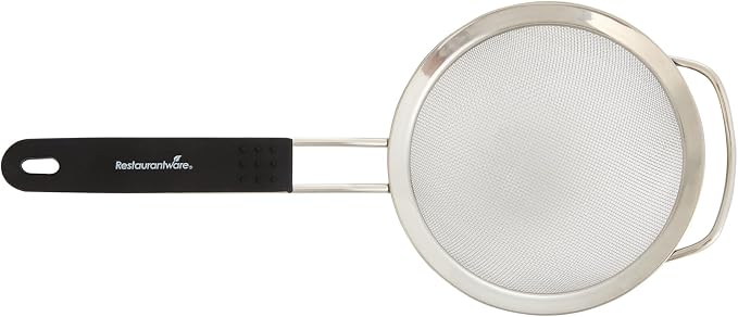 Restaurantware Fine Mesh Strainer 1 Count 14.4" x 7" x 2.9" with Silicone Handle Stainless Steel Extra Fine Mesh Strainer Heat-Resistant Handle Dishwasher-Safe for Rice, Quinoa, Pasta