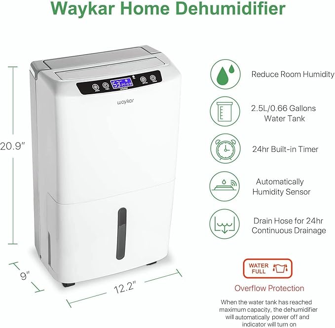 Waykar 34 Pints Energy Star Dehumidifier for Spaces up to 2,000 Sq. Ft at Home, in Basements and Large Rooms with Drain Hose and 0.66 Gallons Water Tank