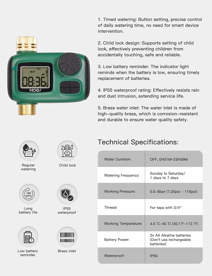 MOES Sprinkler Timer, Brass Inlet & Outlet Water Hose Timers, Programmable Automatic Irrigation Controller, Rain Delay, Manual Watering, 1 Zone Water Hose Timers for Gardens, Lawns, and Hose Systems