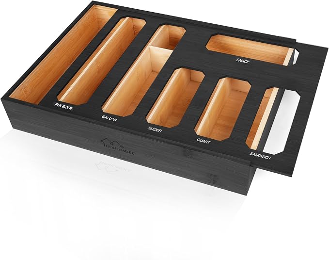 6 in 1 Bamboo Ziploc Bag Storage Organizer, Black Baggie Organizer for Drawer with Sliding Lid - Fits Gallon, Quart, Sandwich, Snack & Freezer Bags, Wall Mountable Kitchen Drawer Organization