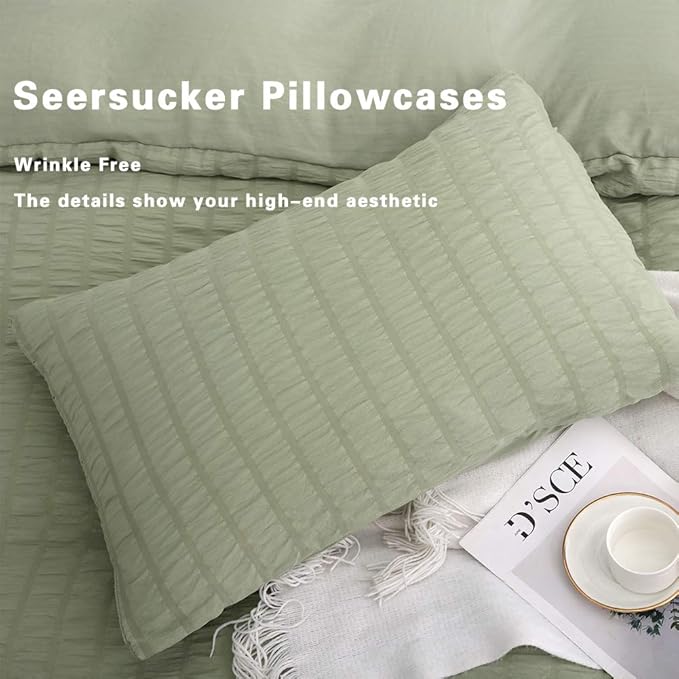 AveLom Sage Green Duvet Cover Queen Size, Textured Seersucker Duvet Cover Set, Soft Washed Microfiber with Zipper Closure and Corner Ties, 3 Pieces, 90" x 90" Duvet Cover & 2 Pillowcases