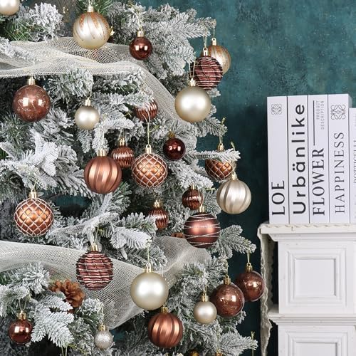 100Pcs Christmas Ball Ornaments Set, Assorted Shatterproof Christmas Ornament, Christmas Tree Theme Hanging Decoration for Xmas Holiday/Party/Wedding (Gold and Brown)