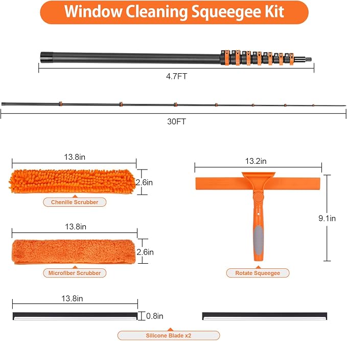 4.7-30FT Carbon Fiber Telescopic Squeegee for Window Cleaning Kit | Ultra-Light Heavy-Duty Carbon Fiber Extension Pole with 3/4 threaded Tip for Wide Accessory Compatibility