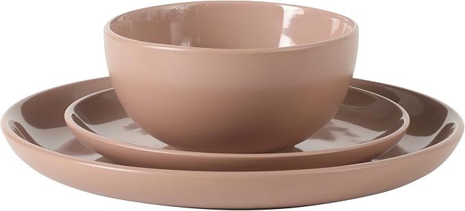 Gibson Home Rockaway 12 Piece Plates and Bowls Matte Outside/Shiny Inside Glaze Service for 4 Dinnerware Set - Pink - Dishwasher and Microwave Safe