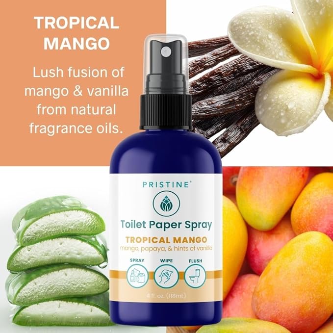 PRISTINE Toilet Paper Spray - As Seen on Shark Tank, More Natural Personal Cleansing Wipes & Flushable Wet Wipes Alternative, Spray Toilet Paper to Create Flushable Wipe, Tropical Mango, 4 fl oz