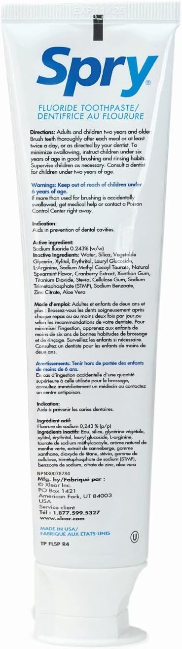 Spry Xylitol Toothpaste with Fluoride, Natural Spearmint, Anti-Cavity, 5 oz (3 Pack) | Gentle for Sensitive Teeth Whitening and Remineralizing, Bad Breath Freshening, Dry Mouth Moisturizing, for Adults and Kids