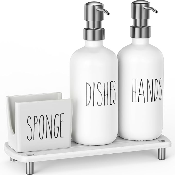 Cisily Kitchen Soap Dispenser Set Comes with Ceramics Sponge Holder, Gold Pumps, and Instant Dry Tray, Hand and Dish Soap Dispenser Set (4, Silver + White + Sponge Holder)