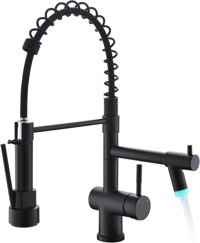Kicimpro Matte Black LED Kitchen Faucet with Pull Down Sprayer, 304 Stainless Black Faucet for Kitchen Sink, Modern Single Handle High Arc Bar Kitchen Sink Faucet for One Hole Or Three Hole Sink