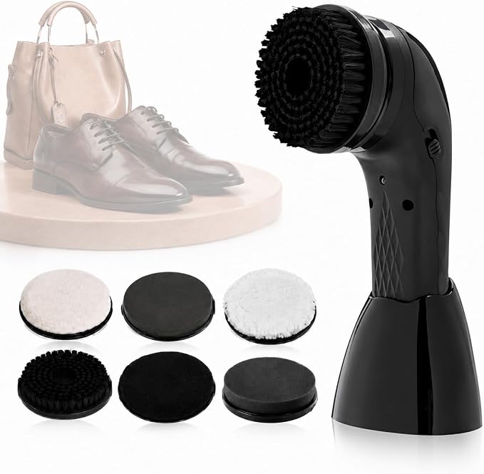 Handheld Electric Shoe Polisher, Rechargeable Shoe Shine Kit with 6 Brush Heads, Ergonomic Grip and Compact Storage Base for Cleaning and Polishing Leather Shoes, Bags, Boots and Upholstery