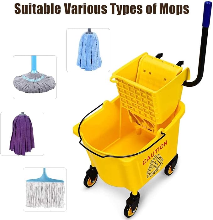 ARLIME Commercial Mop Bucket with Wringer, 26 Quart Capacity Portable Wringer Trolley, Side Press Floor Cleaning Wavebrake w/Handle, Small Mop Bucket on Wheels for Home, Industrial, Yellow | Portable Wringer Trolley, Side Press Floor Cleaning Wavebrake...