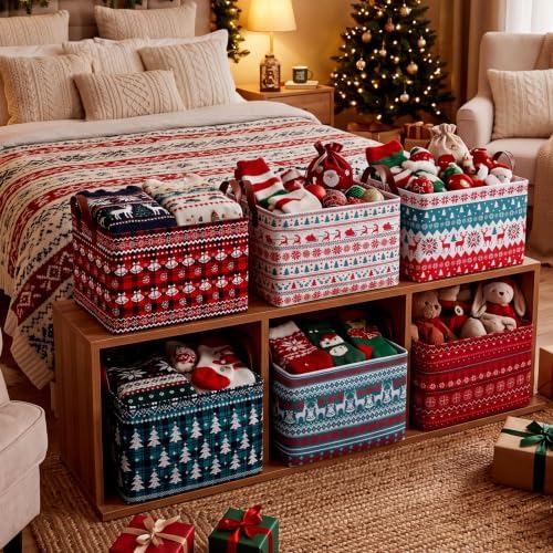 CHENGU 6 Pack Christmas Basket Collapsible Retro Christmas Storage Bin