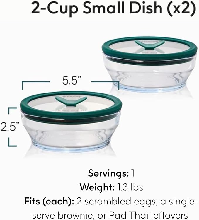 Anyday 2-Pack 2-Cup Glass Food Storage Set (Clear Kale) | Glass Lids, Plastic-Free Meal Prep Set, Stackable Airtight Storage Container, Vented Lid for Microwave-Safe Reheating