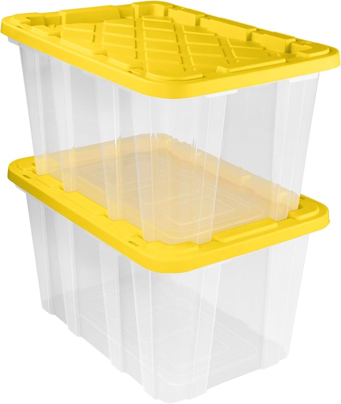 Sterilite 4-Pack Industrial Storage Box, Plastic Container Bins w/Lids, 27 Gallon, Yellow - Heavy-Duty Organizing Containers for Closet, Bathroom, and Office