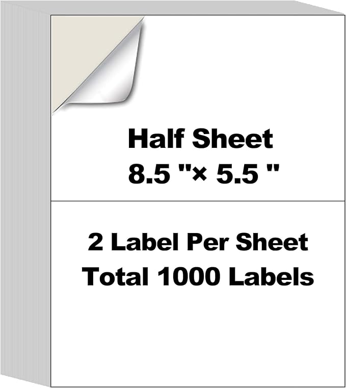 500 Sheets1000 Shipping Labels 8.5" x 5.5" Half Sheet Self Adhesive Mail Labels for Laser & Inkjet Printers, AveneMark 2 per Page Shipping Paper 5 1/2 x 8 1/2 Half Page Labels