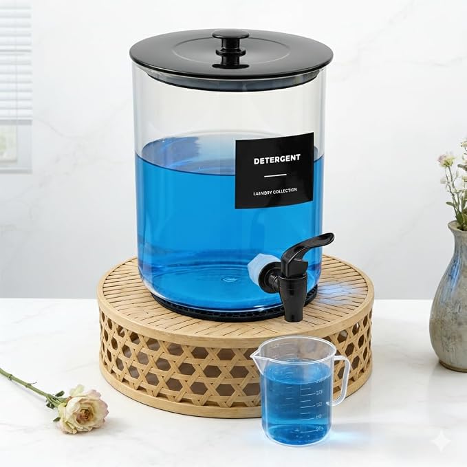 Glass Laundry Detergent Dispenser for Laundry Room Organization-2 Black | 1 Gallon Large Liquid Soap Dispenser with Black Metal Lid & Leak-Proof Spigot, 2 Measured Cups, 2 Silicone Mats & 9 Labels