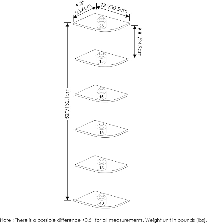 Furinno PASIR Book Shelf, 5-Tier Corner Bookshelf with Open Shelf, Standing Bookcase, 9.3 x 12 x 51.7, for Organization and Storage, for Living Room, Bedroom, Home Office, French Oak