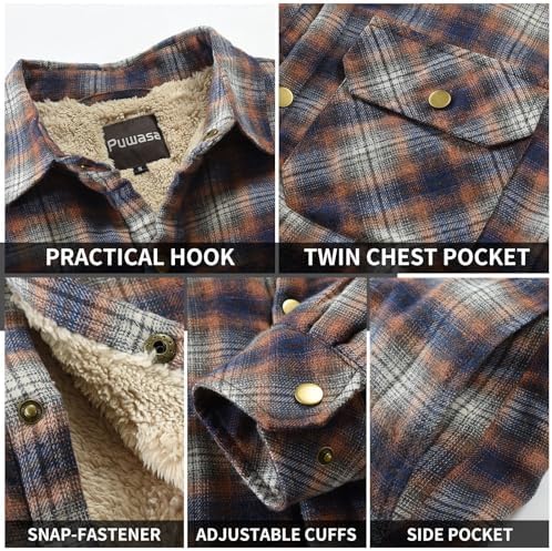 Men's Sherpa Cotton Flannel Shirt Jacket Plaid Button Coat Pocket