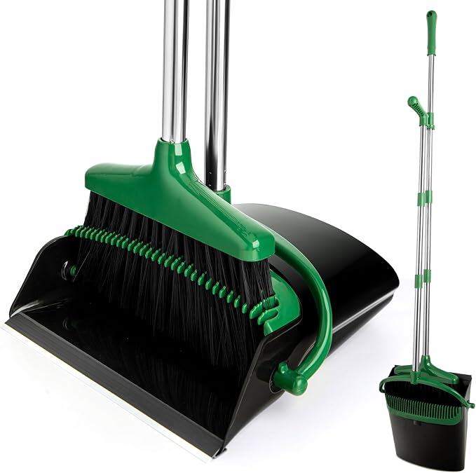 Broom and Dustpan Set with Long Handle, Light Weight Stainless Steel Poles Stand Upright Dustpans with Broom Combo for Home Kitchen Office Pet Dog Hair, 1-Pack(Black Green)