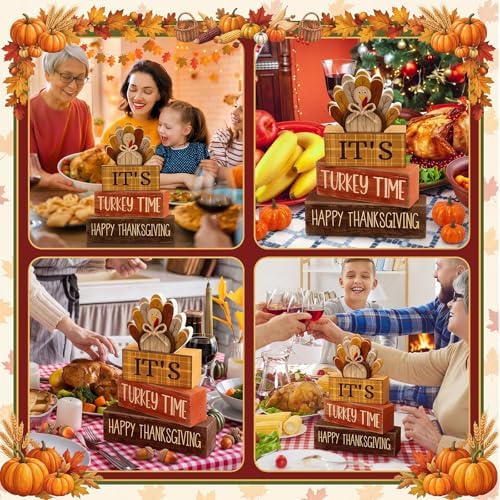 Moucuny 4 Pcs Thanksgiving Table Decorations, Turkey Time Wooden Block Sign