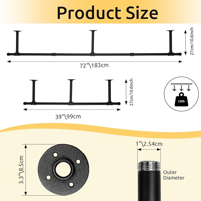 Oroonoko 72inch Industrial Pipe Clothes Garment Rack Ceiling Mount For Hanging Rod Bar for Laundry Room Up to Max Load 135Lb