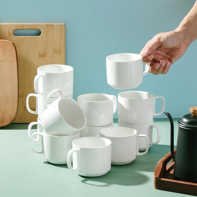BTaT- Porcelain Stackable Coffee Mugs, 12 Pack, 12 oz, White | Ceramic Coffee Cups, Dishwasher and Microwave Safe