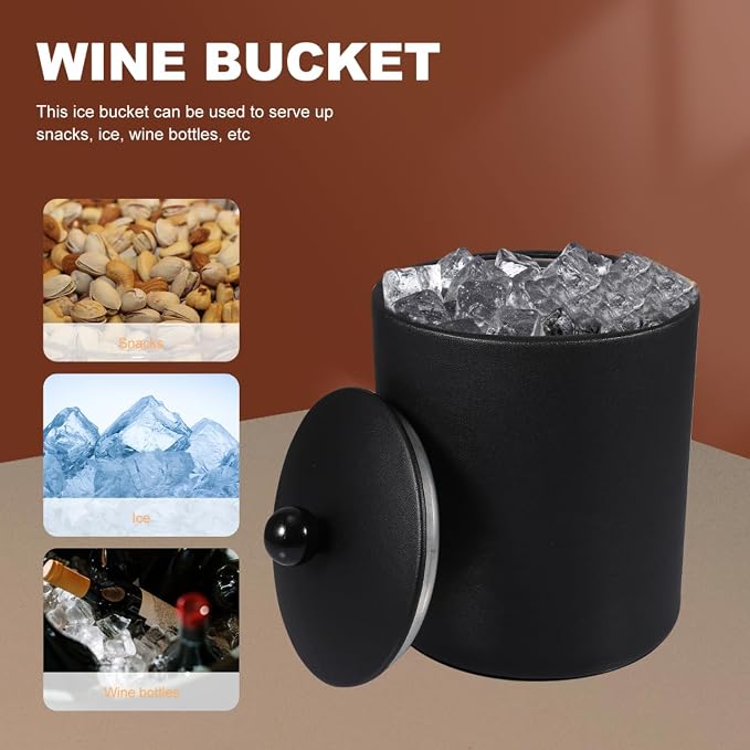 Ice Bucket with Lid & Tong - Insulated Stainless Steel Ice Bucket for Cocktail Bar & Parties - Black Double-Wall Wine Chiller with Strainer for Chilling Wine, Champagne & Beer - 5.5 x 5.5 x 7.3 inches